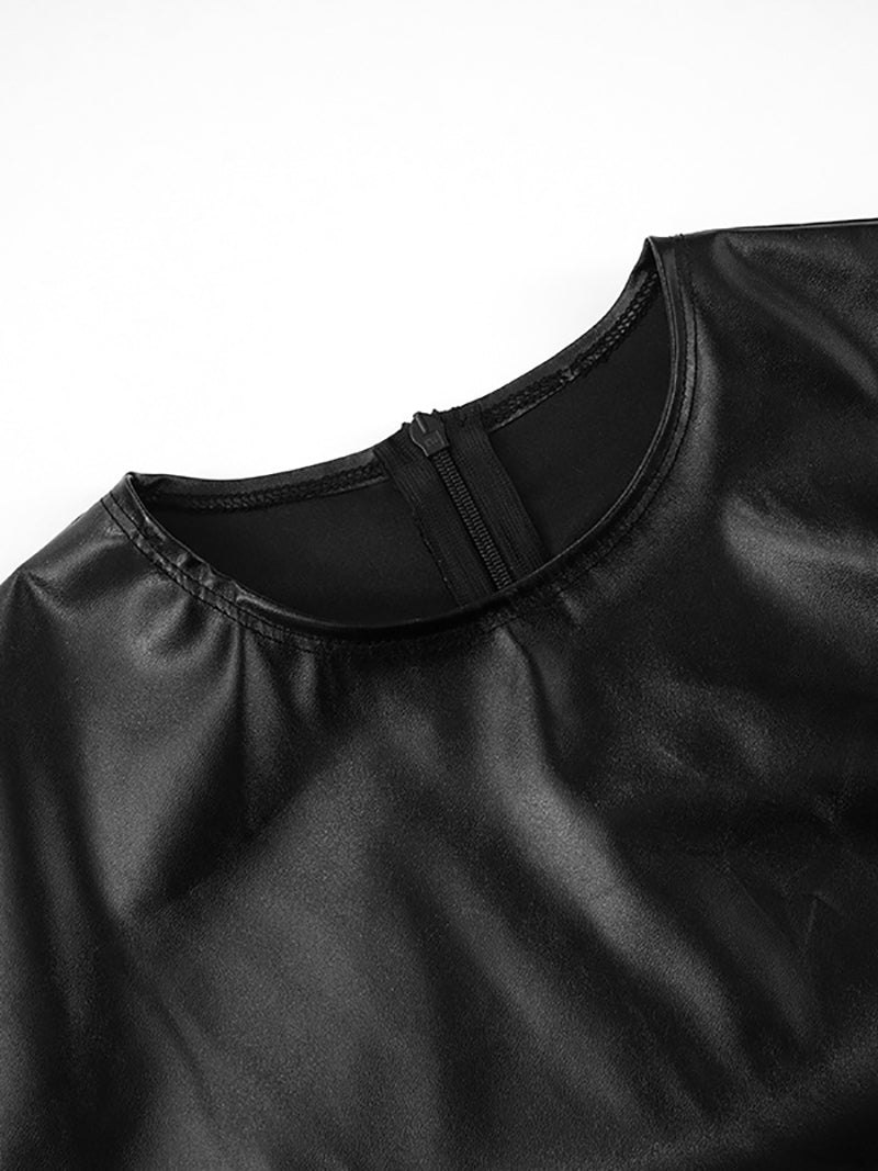 Sexy O Neck Ruched PU Crop T-shirt Top