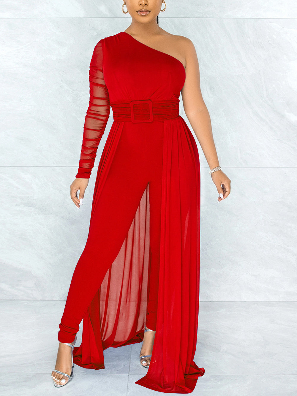 Fashion One Shoulder Mesh Jumpsuit