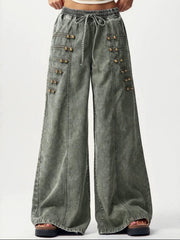 Drawstring Wide Leg Jeans with Button Trim