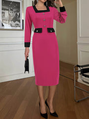 Square Neck Long Sleeve Office Midi Dress