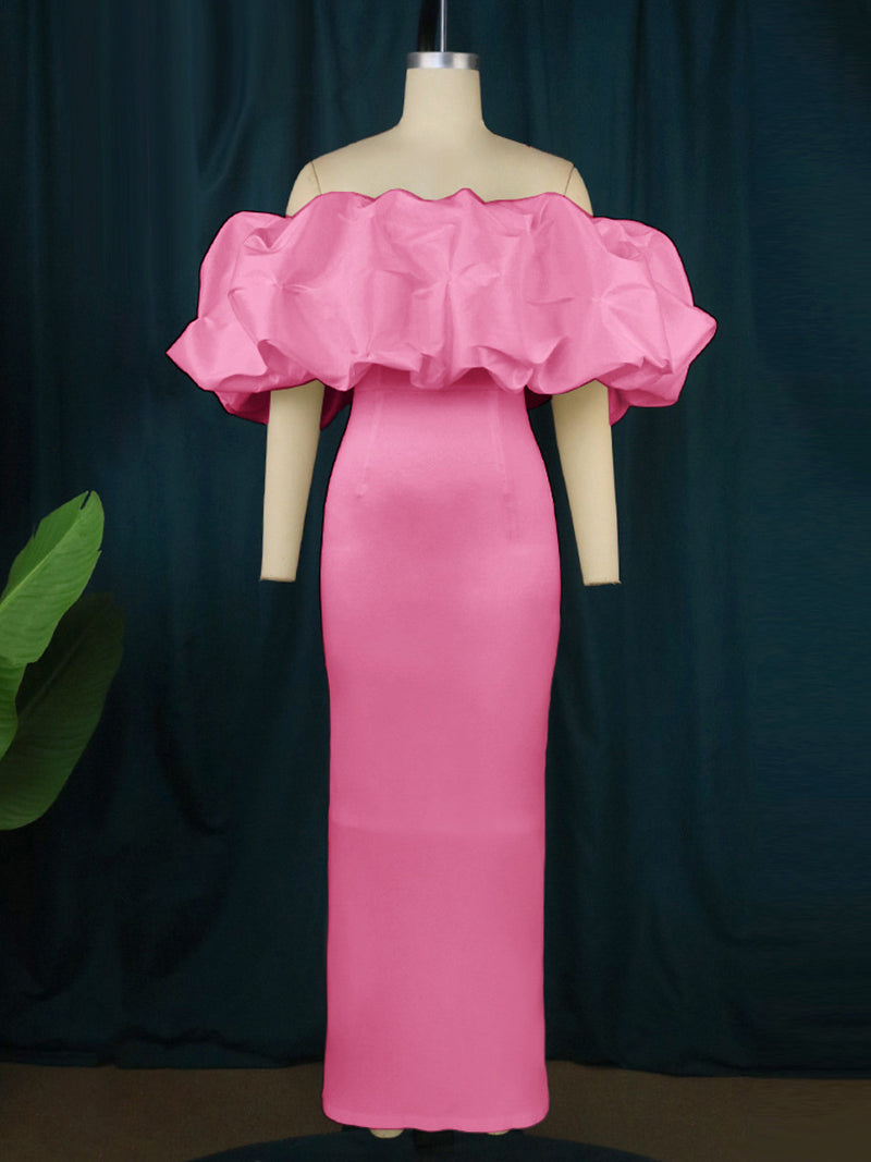 Elegant Off Shoulder Ruffle Trim Bodycon Dress