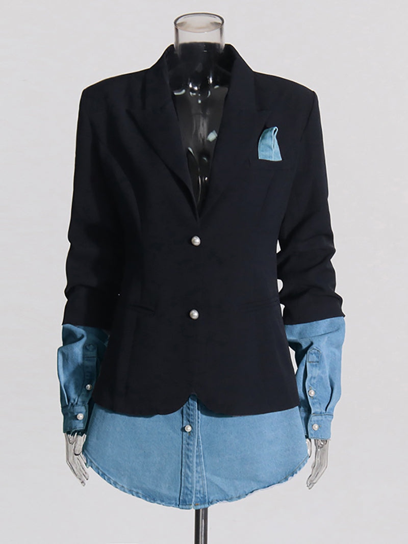 Fashion Denim Patchwork Lapel Blazer