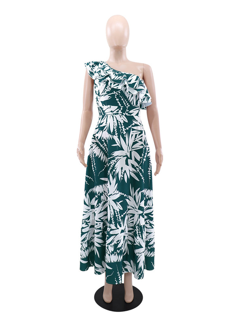 Elegant Print Ruffled Trim Oblique Collar Maxi Dress