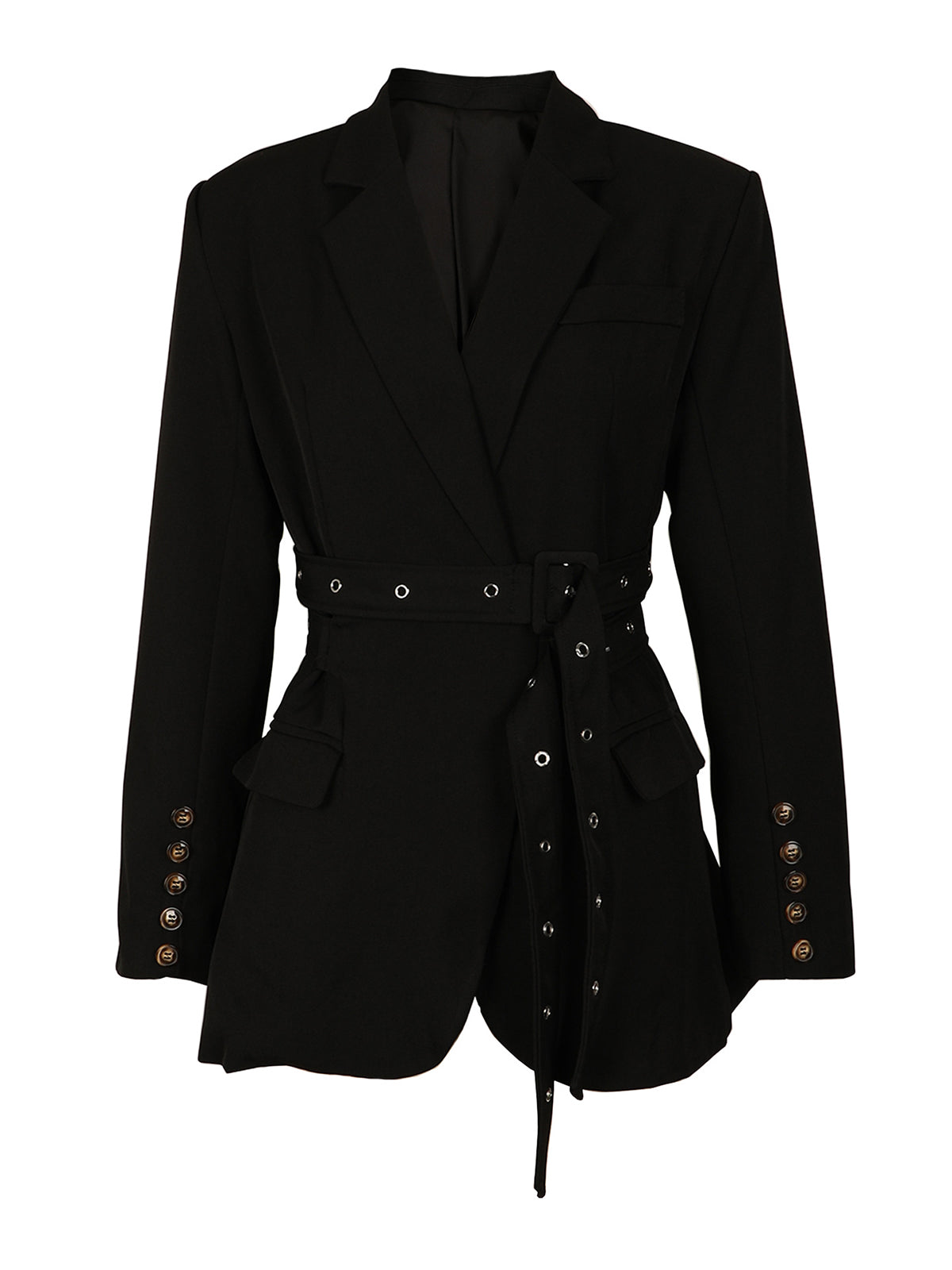 Fashion Notched Collar Patchwork Belt Blazer