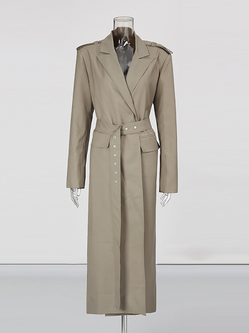 Fashion Solid Lapel Lace-Up Casual Trench Coat