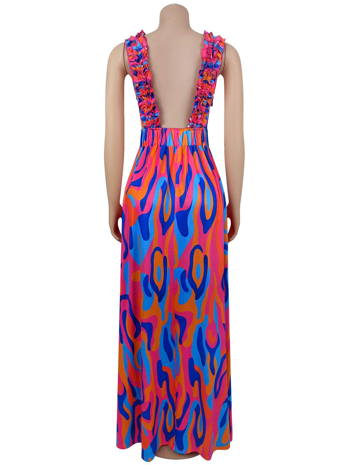 Elegant Print V Neck Ruffled Contrast Color Maxi Dress