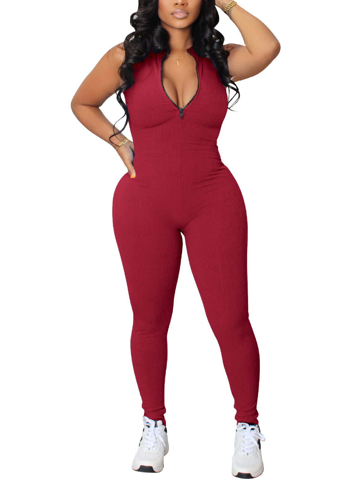 Casual Rib Knit Zipper Sleeveless Jumpsuit