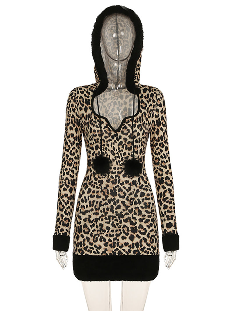 Sexy Leopard Print Hooded Slim Mini Dress