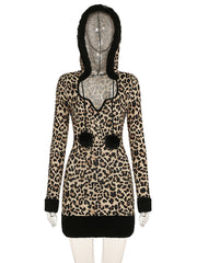 Sexy Leopard Print Hooded Slim Mini Dress