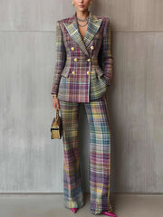Fashion Plaid Print Slim Blazer Pants Suit