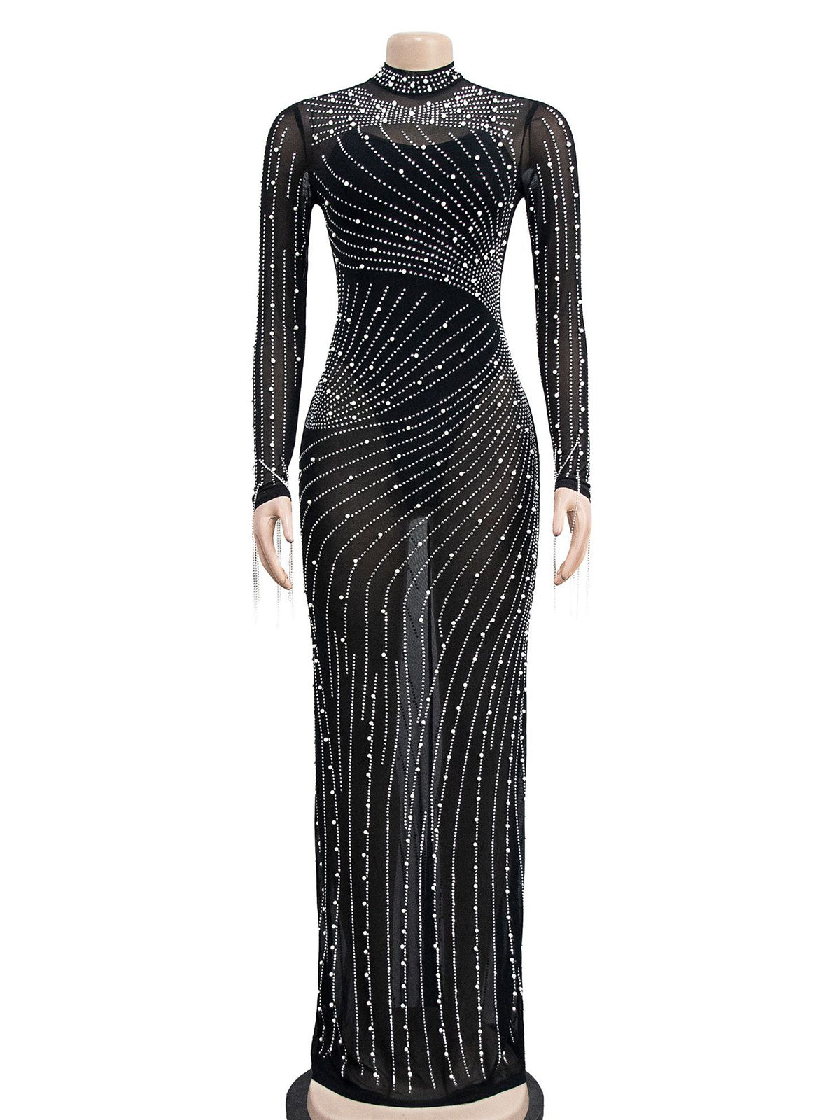 Sexy Rhinestone Mesh Maxi Dress And Bodysuit Suit