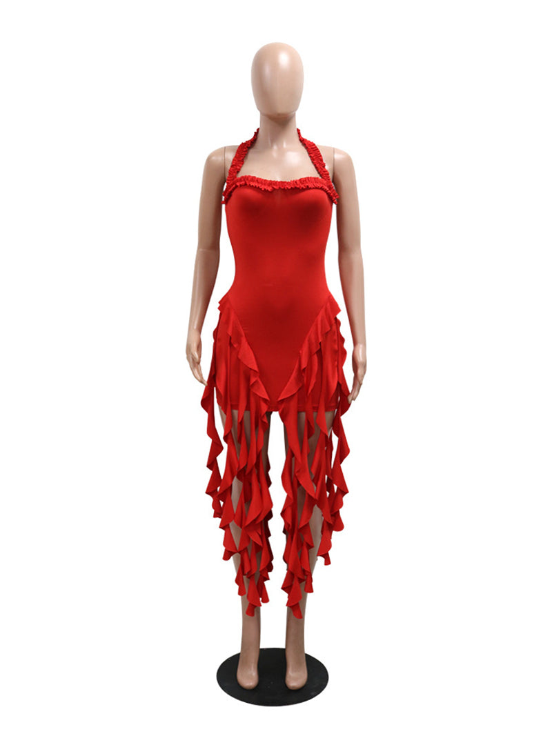 Sexy Solid Color Fringed Trim Backless Halter Dress