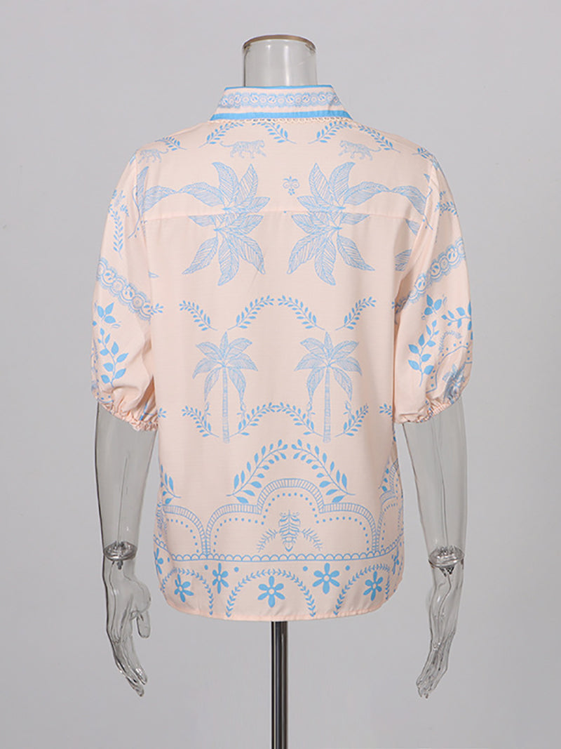 Print Puff Short Sleeve Shirt And Straight Pants Set