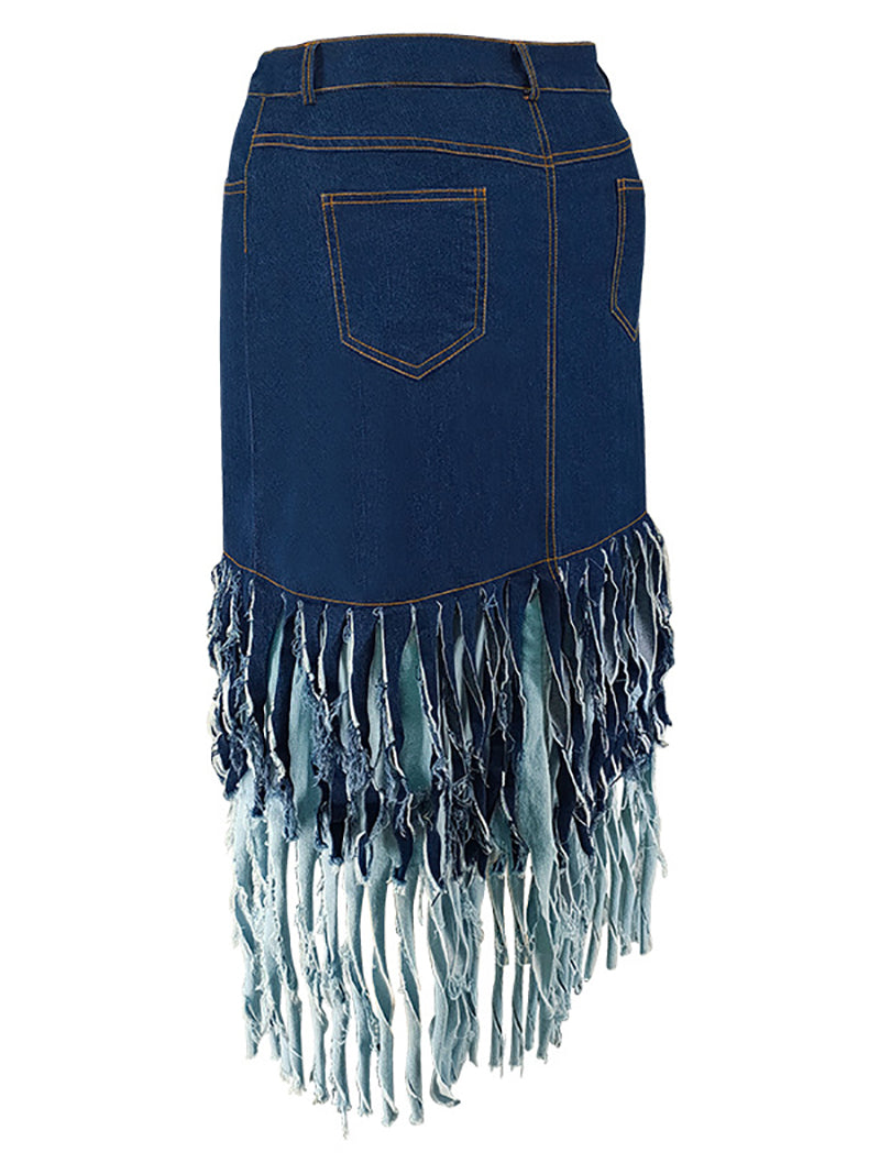 Plus Size Layered Tassel Trim Denim Skirt