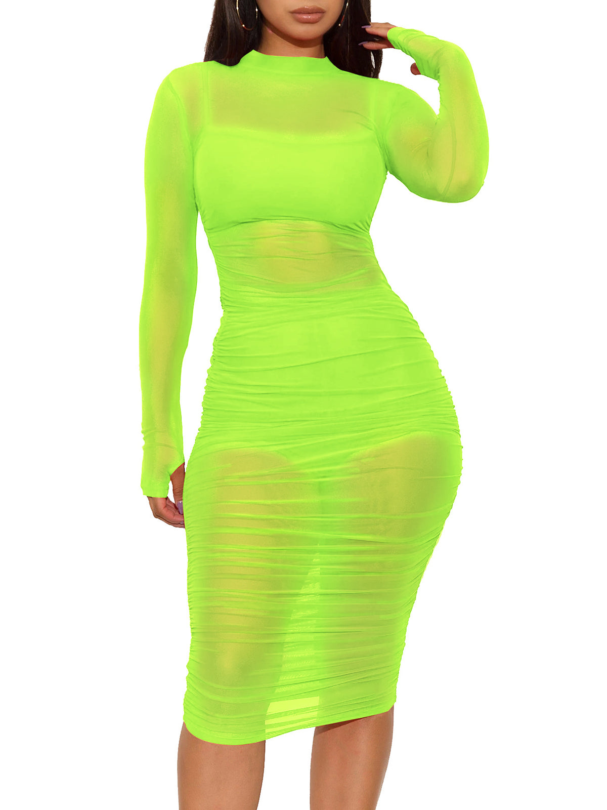 Sexy Sheer Mesh Ruched Bodycon Dress 3 Piece Sets
