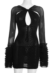 Cross Sheer Mesh Long Sleeve Bodycon Mini Dress