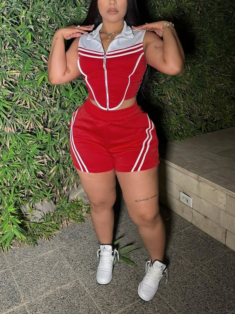 Casual Stripe Patchwork Sleeveless Top Shorts Sets
