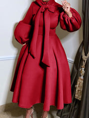 Fashion Bow Neck Puff Sleeve A-line Dress