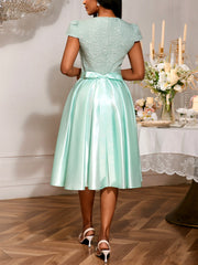 Elegant Round Neck Bow Decor Cinched Waist Midi Dress
