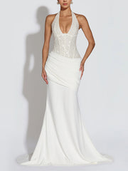 Sexy Halter Backless Patchwork Ruched Sequin Maxi Dress