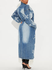 Applique Patchwork Stand Collar Long Sleeve Denim Coat