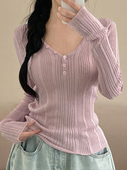 Casual V Neck Rib Knit Long Sleeve Slim T shirt