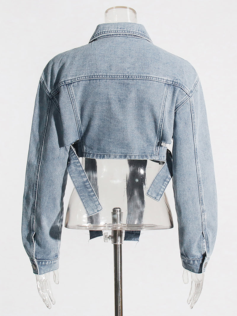 Fashion Hollow out Lace-up Denim Jacket