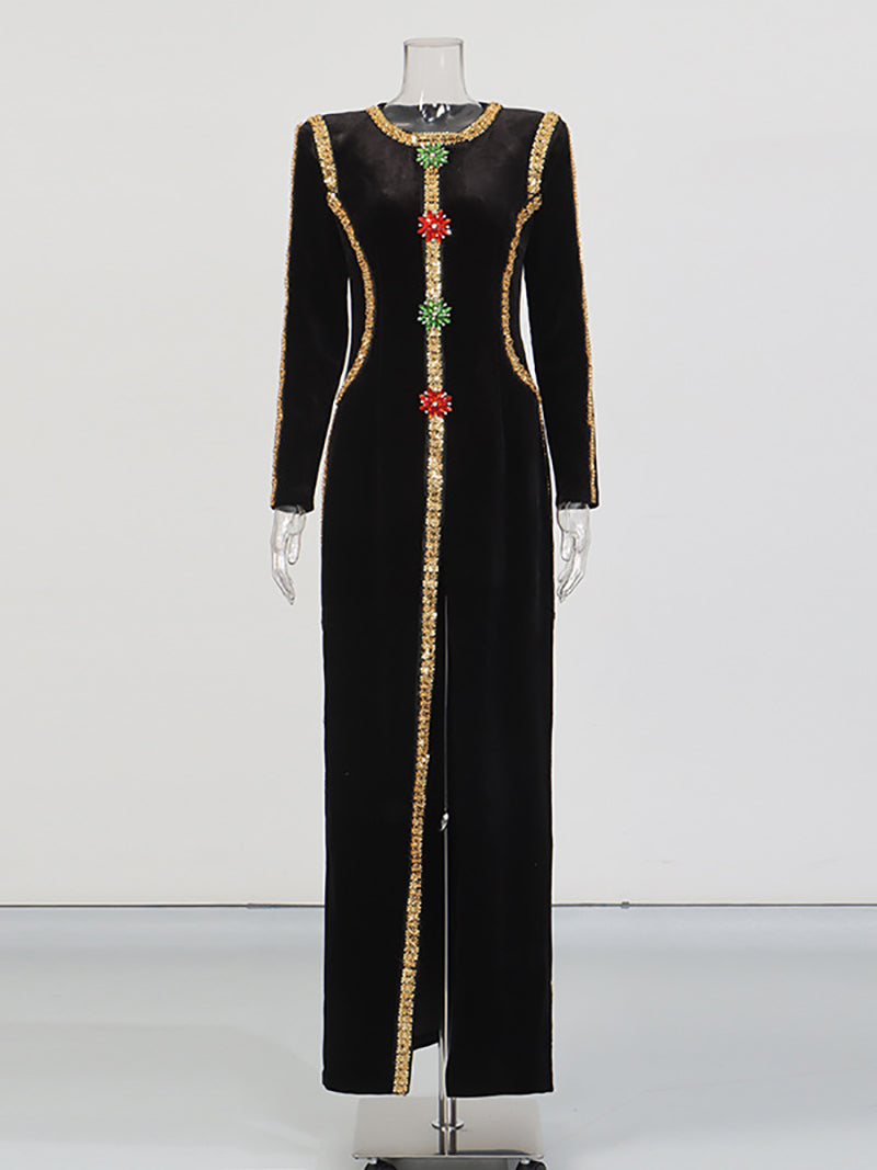 Elegant Rhinestone Embellished Front Slit Maxi Dress