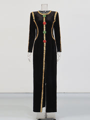 Elegant Rhinestone Embellished Front Slit Maxi Dress
