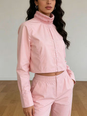Ruched Stand Collar Zip Shirt-boutique