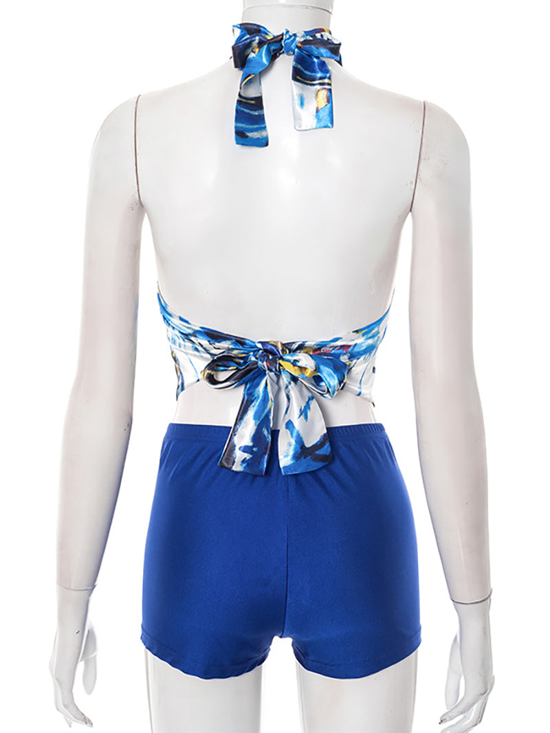 Halter Backless Lace-up Top Shorts Two Piece Set