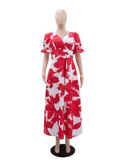 Elegant V Neck Floral Print Pleated Evening Dress