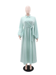 Elegant Turn-down Collar Striped Cinched Waist Dress