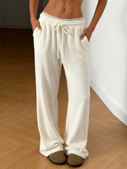 Lace Patchwork Drawstring Corduroy Straight Pants