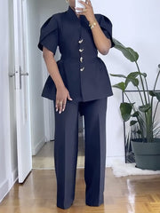 Single-breasted Cinched Waist Shirt Straight Pants Set