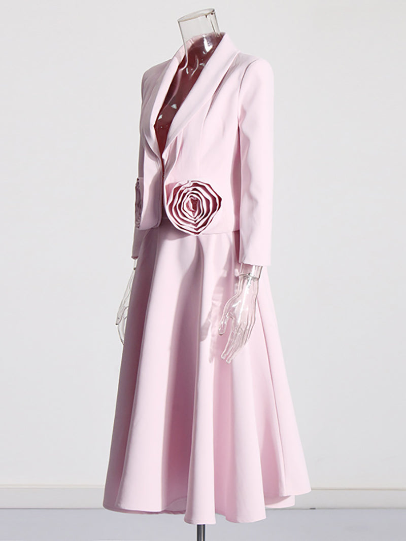 Elegant Floral Applique Blazer and Midi Skirt Sets