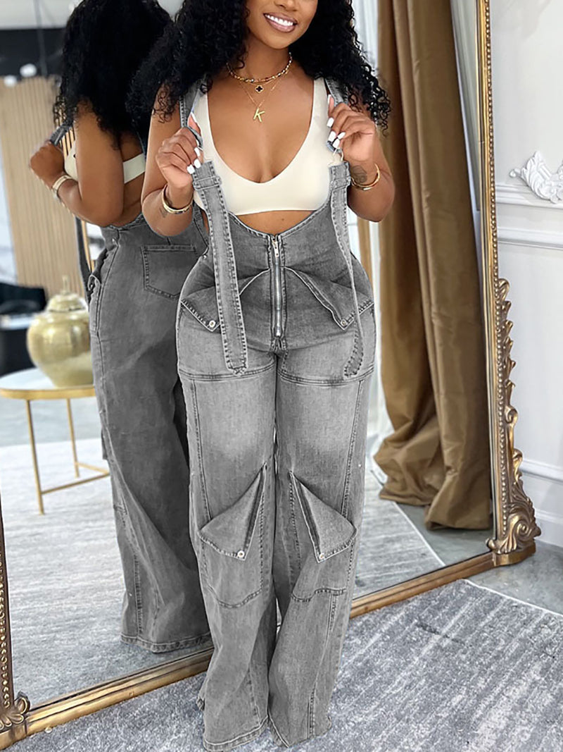 Fashion Casual Zipper Loose Denim Jumpsuits