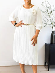 Belted Crew Neck Pleated Midi Dress
