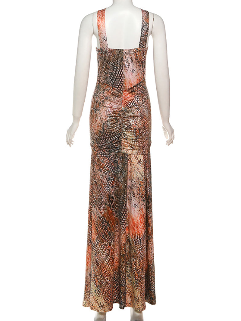 Fashion Pleated Print Sleeveless Maxi Dress