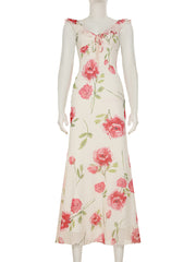 Elegant V-neck Floral Print Backless Slim Midi Dress