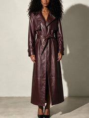 Burgundy Belted Faux Leather Trench Coat-boutique
