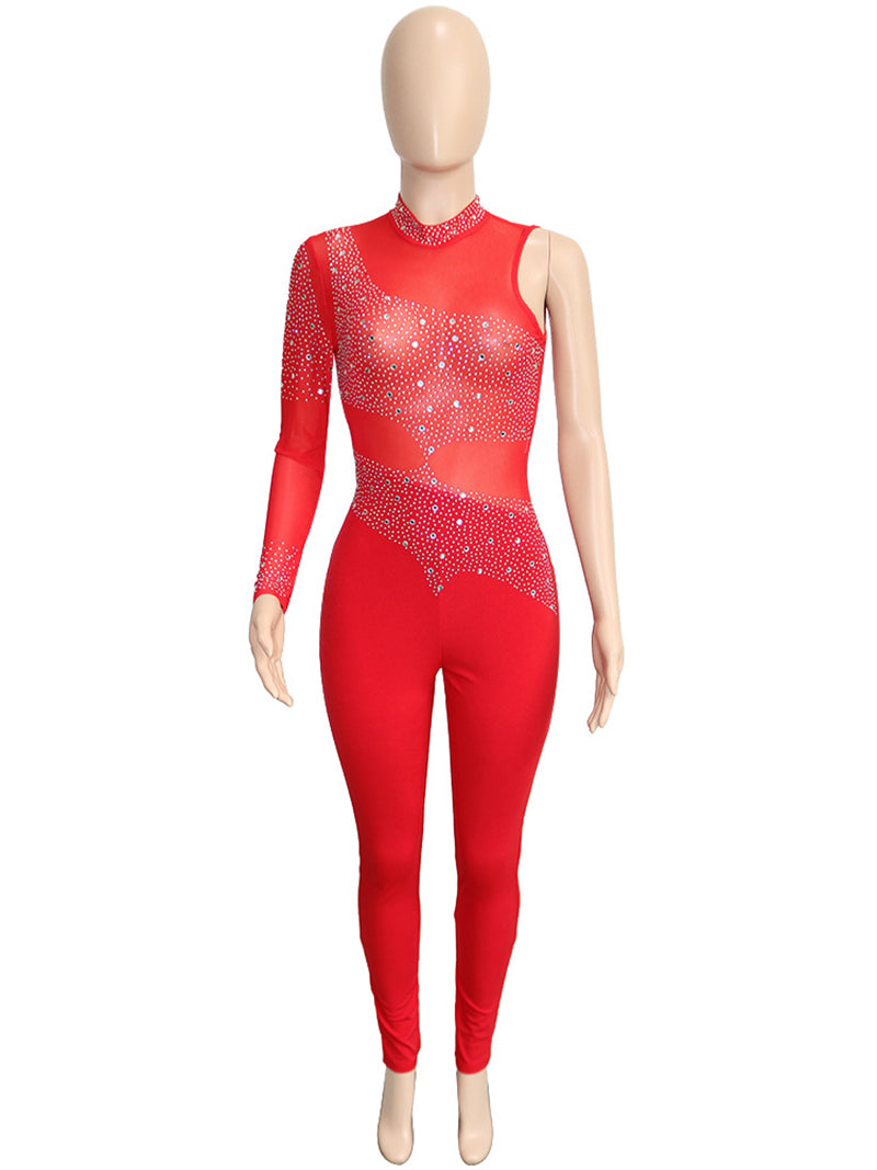 Sexy See through Mesh Rhinestone Bodycon Jumpsuit