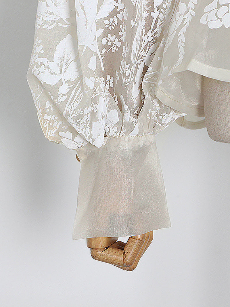 Elegant Lantern sleeve Lace-up Print Shirt