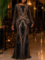 Gold Sequin Long Sleeve Evening Gown