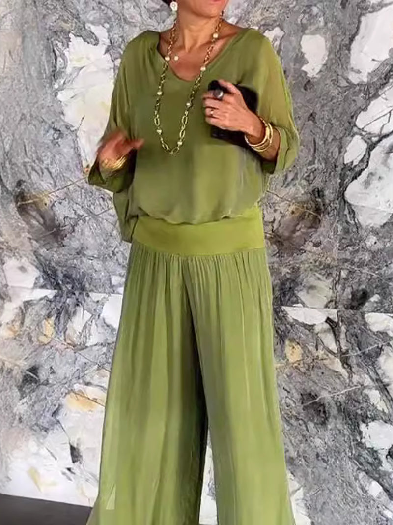 Solid Color Chiffon Loose Top Trousers Casual Set