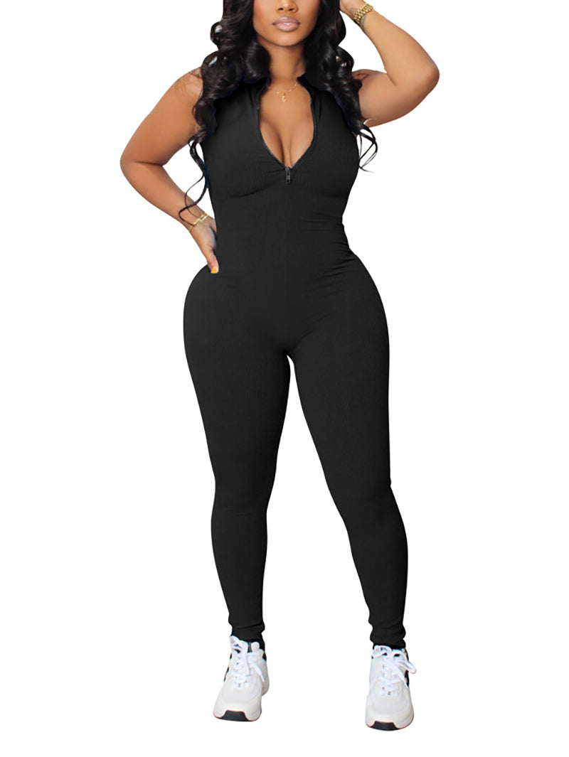 Casual Rib Knit Zipper Sleeveless Jumpsuit