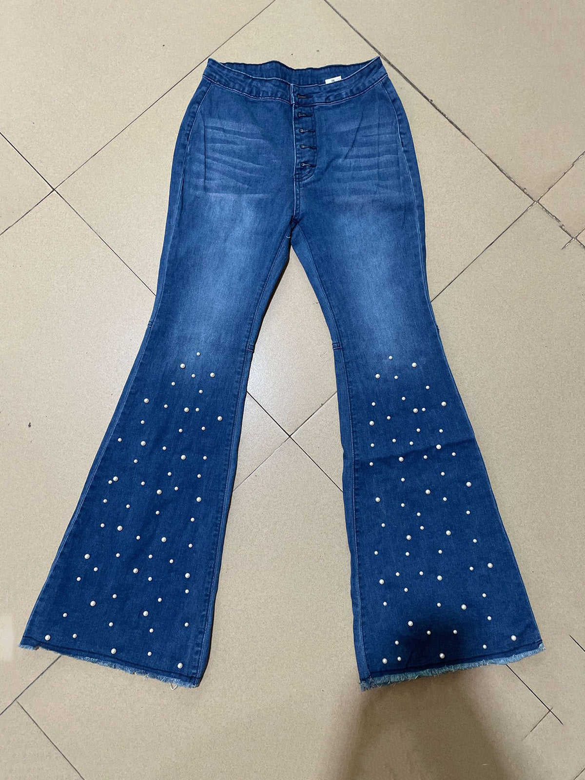 High Waist Flared Trousers Casual Rhinestone Jeans