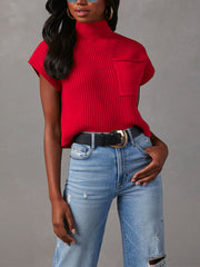 Casual Mock Neck Short Sleeve Ribbed Knit Sweater