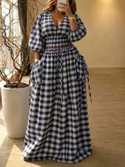 Plaid Balloon Sleeve Blouse and Skirt Set