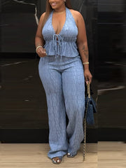 Casual Sleeveless Jacquard Halter Top And Pants Set